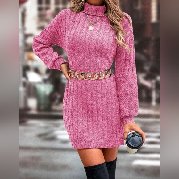 New Mixed Ribbed Knit Turtleneck Short Sweater Dress Long Sleeve Marled Pink - Picture 8 of 10